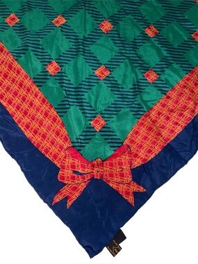 Vintage Green Check Bows Silk Scarf, Designer Vanucci Large 34” Square